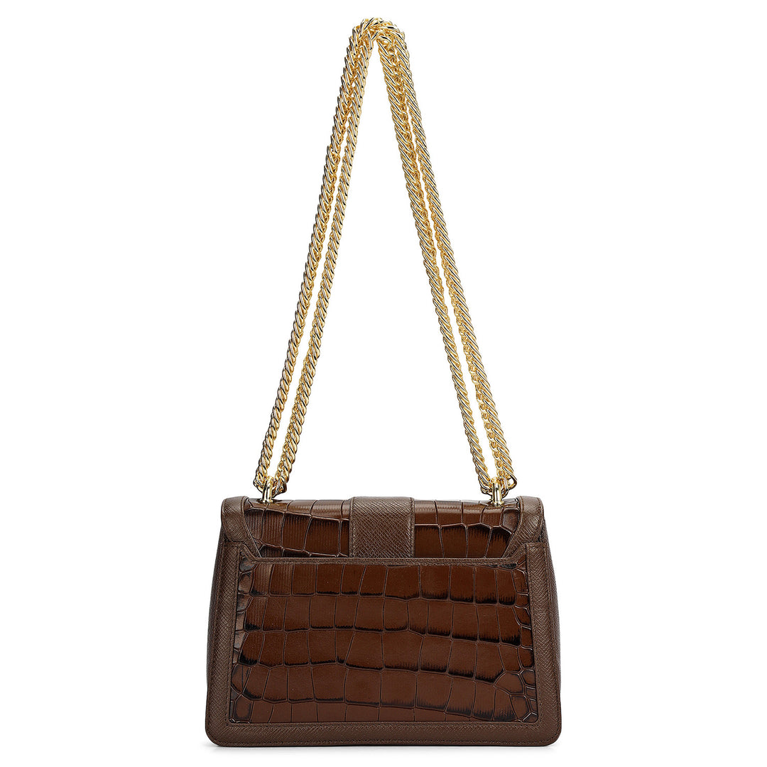 Small Croco Franzy Leather Shoulder Bag - Walnut