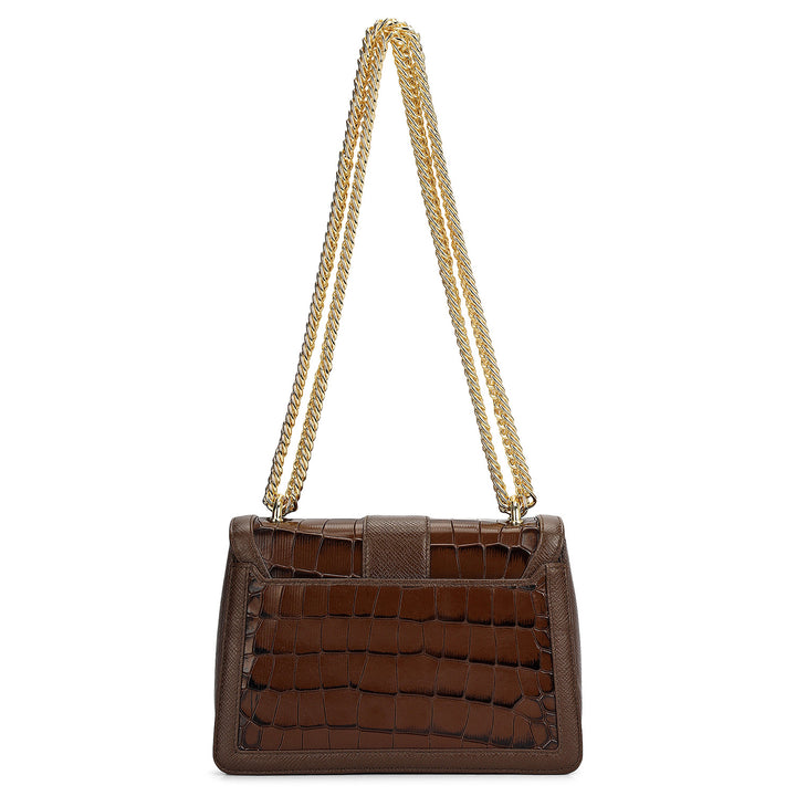 Small Croco Franzy Leather Shoulder Bag - Walnut