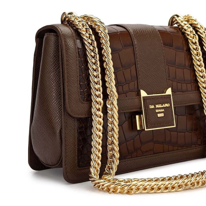 Small Croco Franzy Leather Shoulder Bag - Walnut