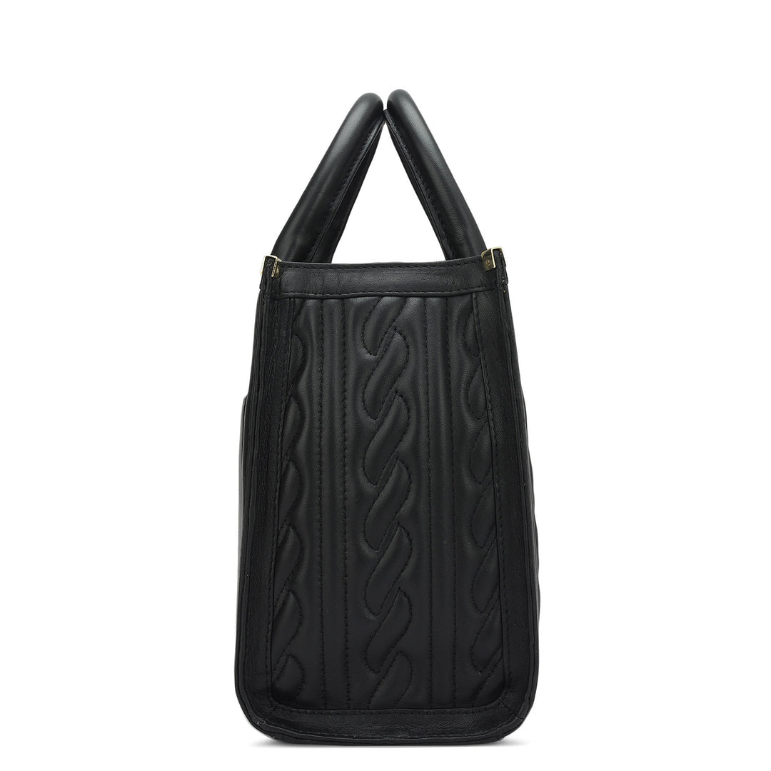 Small Quilting Plain Leather Satchel - Black