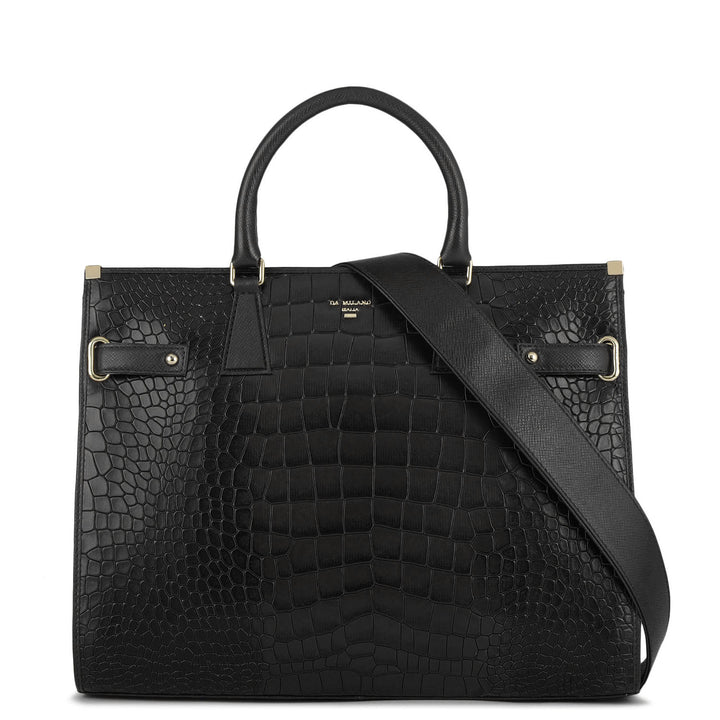Large Croco Franzy Leather Satchel - Black