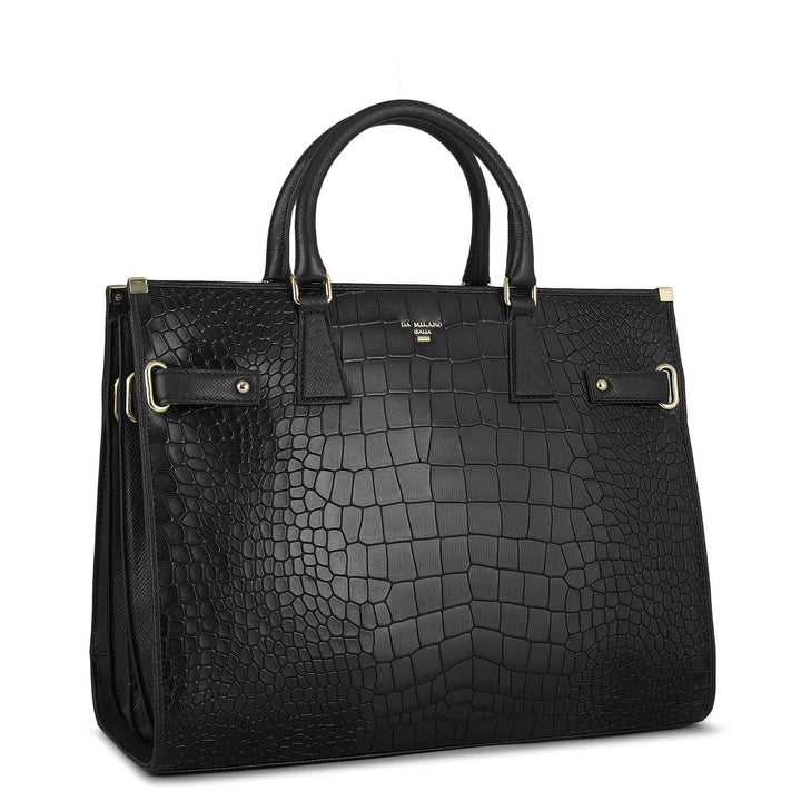 Large Croco Franzy Leather Satchel - Black