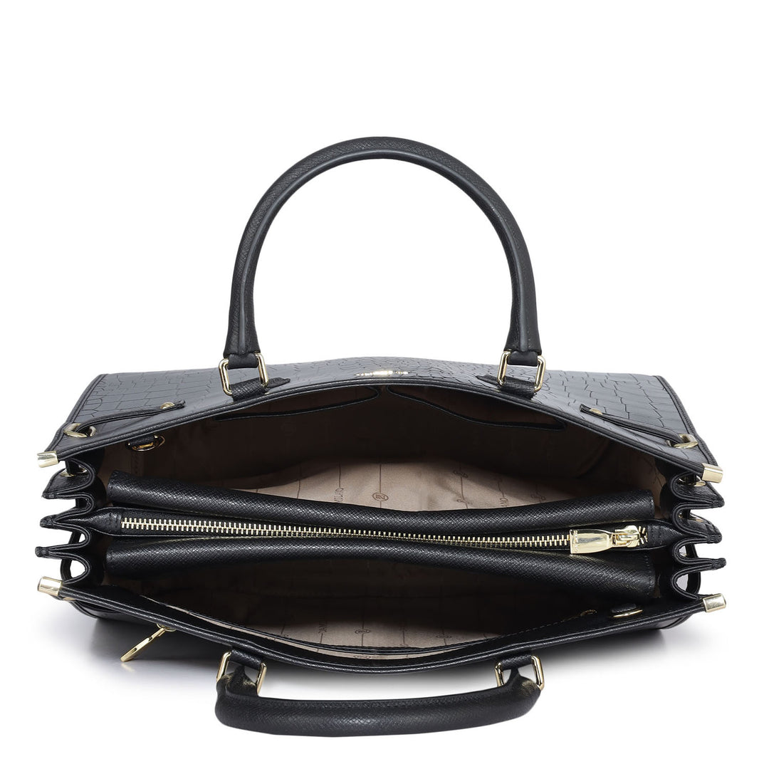 Large Croco Franzy Leather Satchel - Black