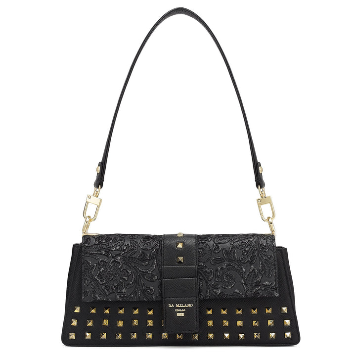 Small Floral Franzy Leather Baguette - Black