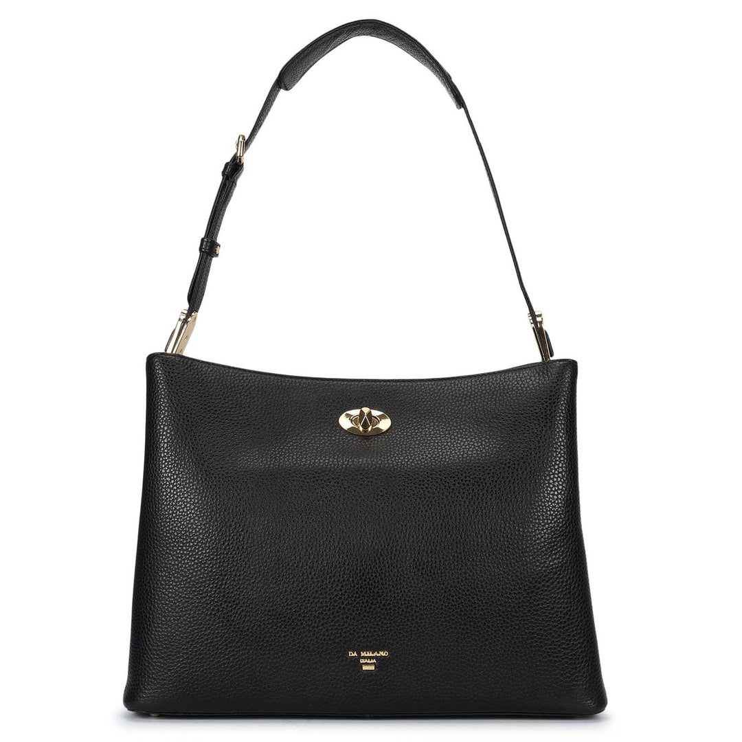 Medium Wax Leather Shoulder Bag - Black