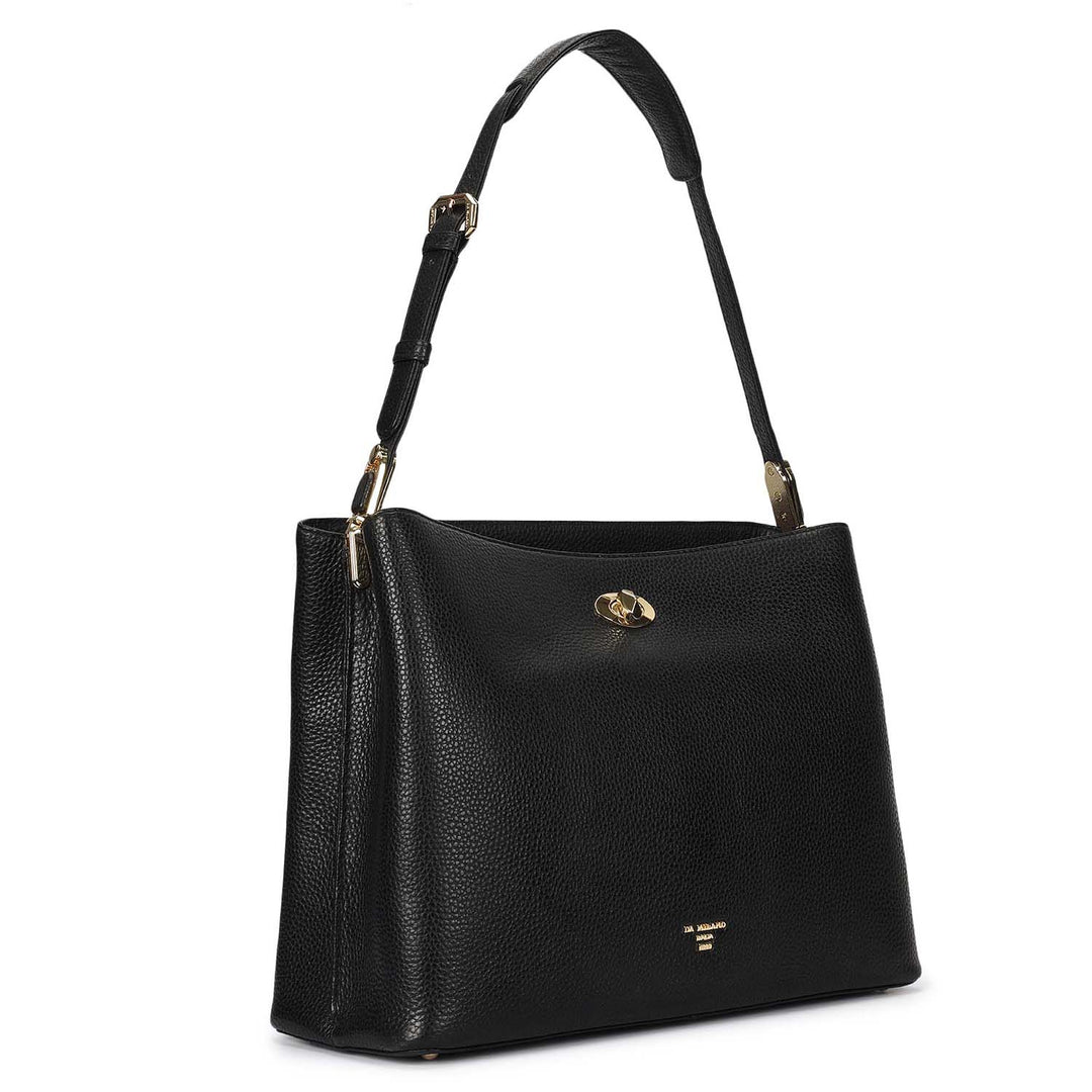 Medium Wax Leather Shoulder Bag - Black