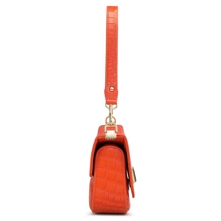 Small Croco Leather Baguette - Pumpkin