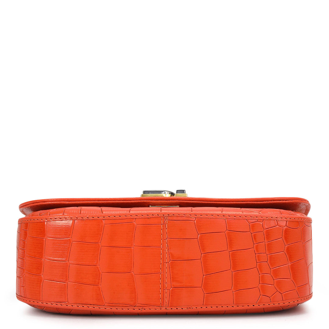Small Croco Leather Baguette - Pumpkin
