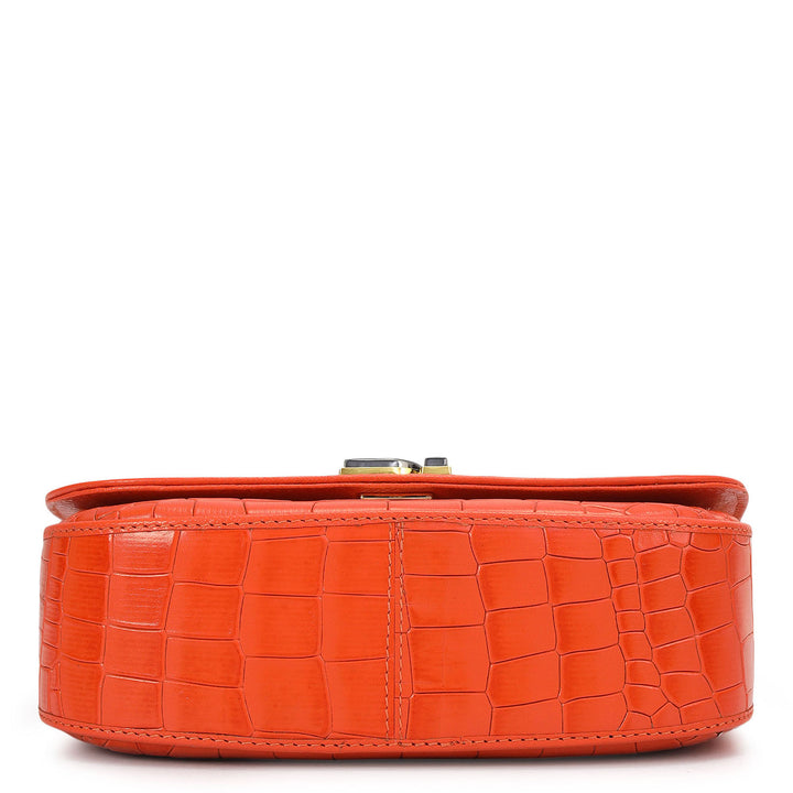 Small Croco Leather Baguette - Pumpkin