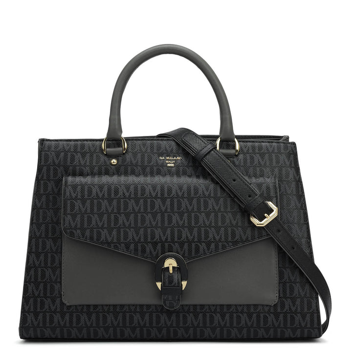 Medium Monogram Plain Leather Satchel - Black