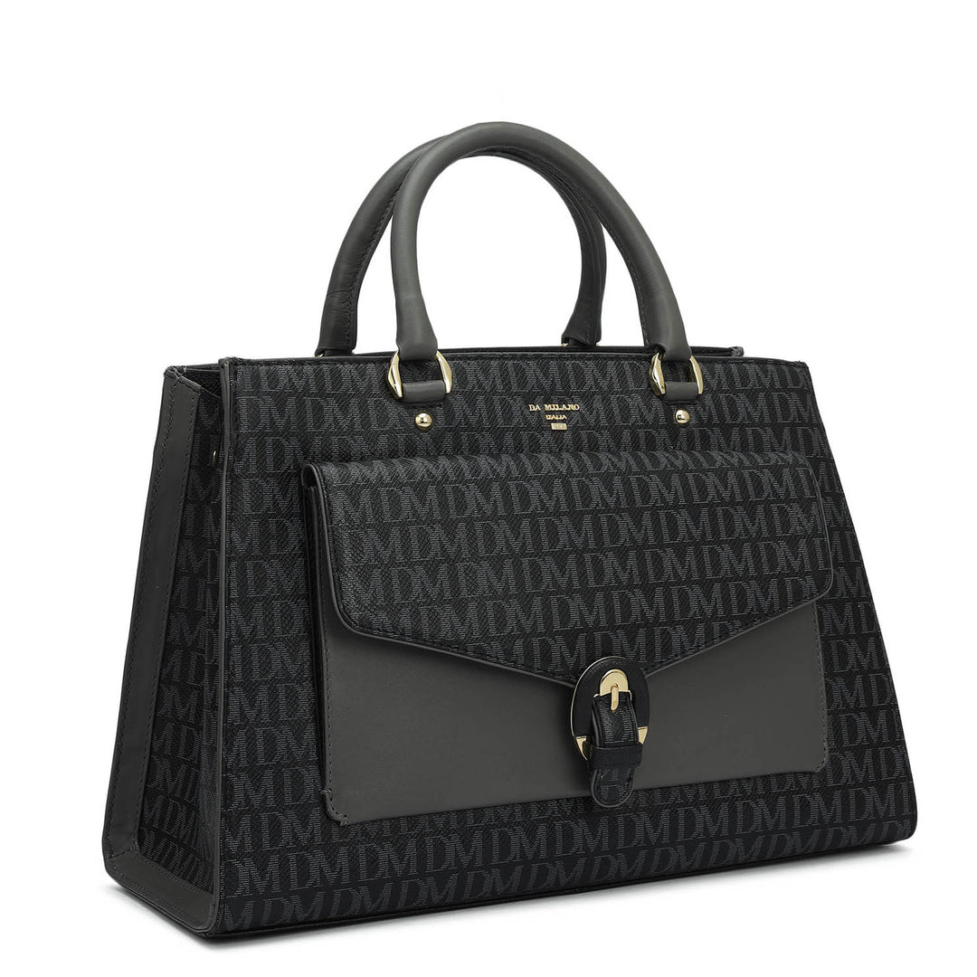 Medium Monogram Plain Leather Satchel - Black