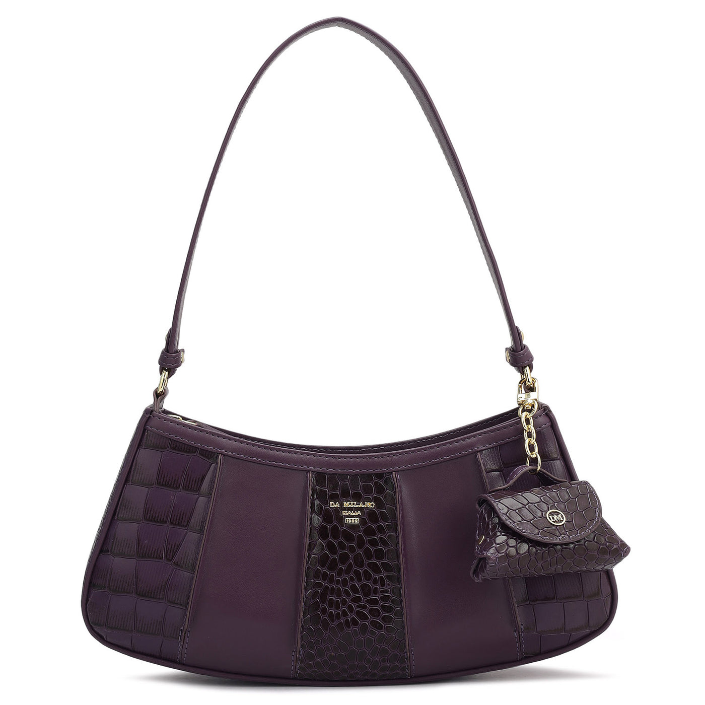 Small Croco Plain Leather Baguette - Grapevine