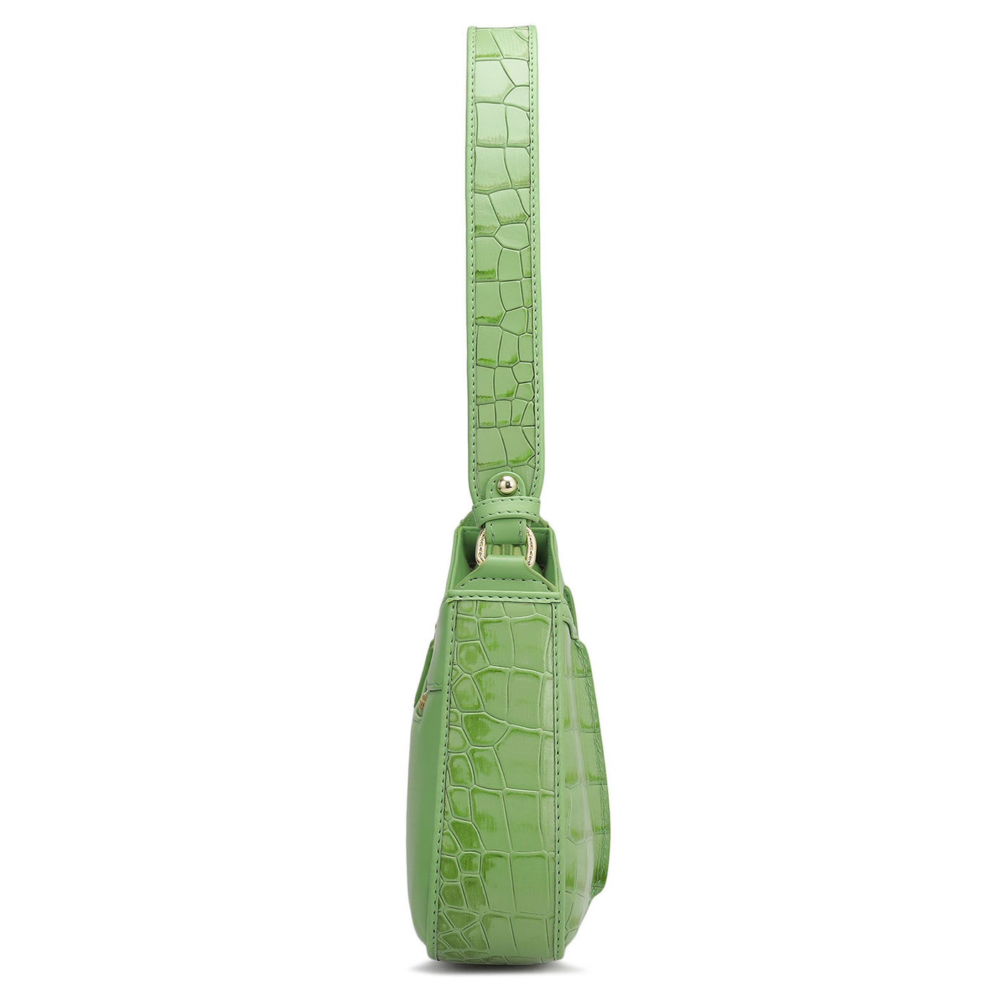 Small Croco Plain Leather Baguette - Kiwi