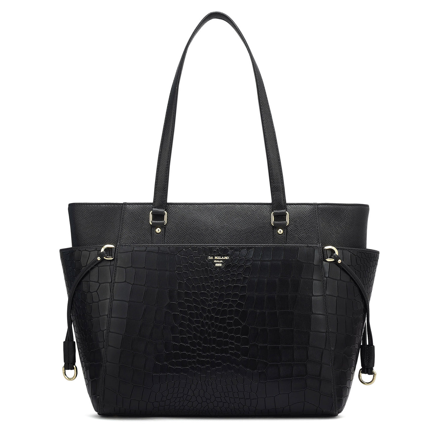 Medium Croco Franzy Leather Shoulder Bag - Black