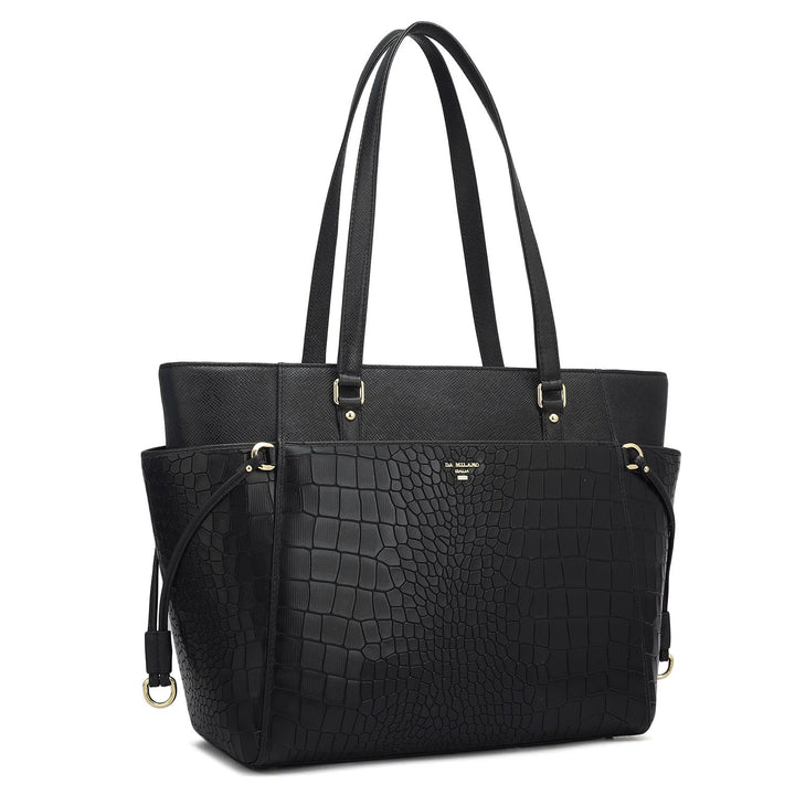 Medium Croco Franzy Leather Shoulder Bag - Black