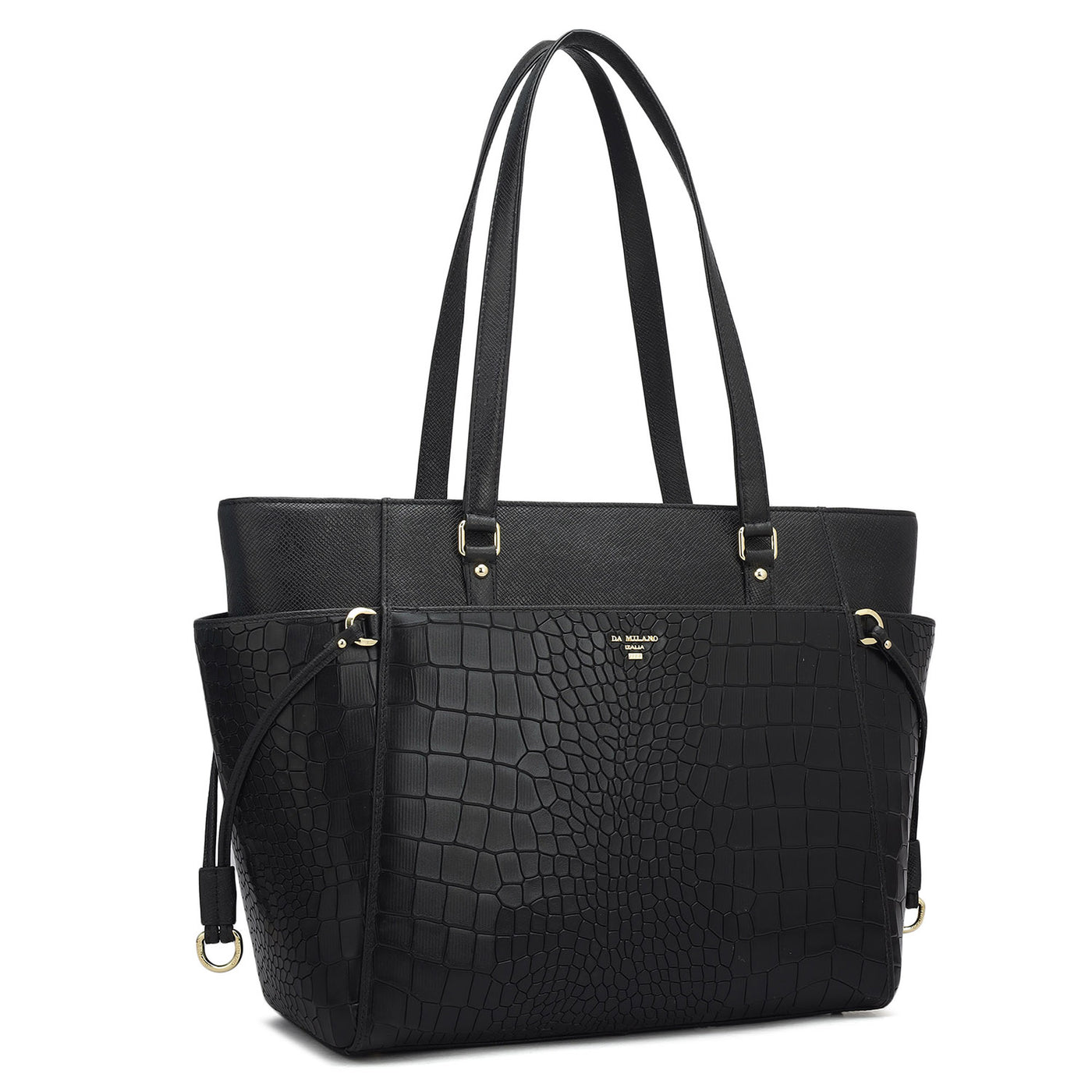 Medium Croco Franzy Leather Shoulder Bag - Black