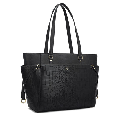 Medium Croco Franzy Leather Shoulder Bag - Black