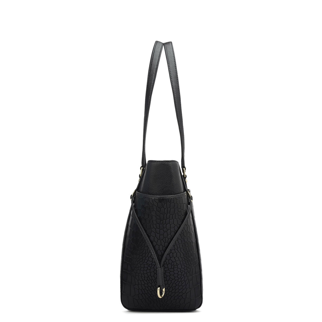 Medium Croco Franzy Leather Shoulder Bag - Black
