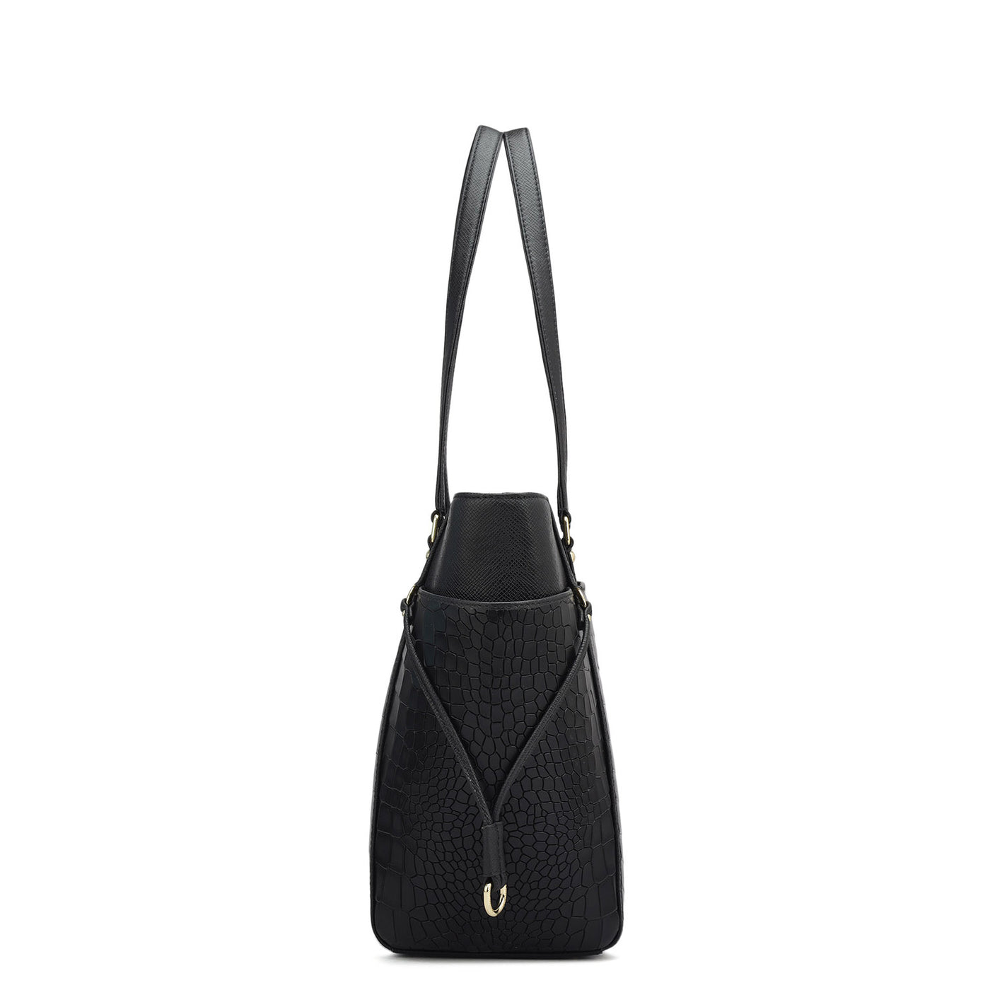 Medium Croco Franzy Leather Shoulder Bag - Black