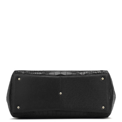 Medium Croco Franzy Leather Shoulder Bag - Black