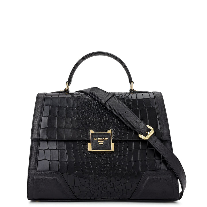 Croco-Texture Top Handle Bag (M)- Black