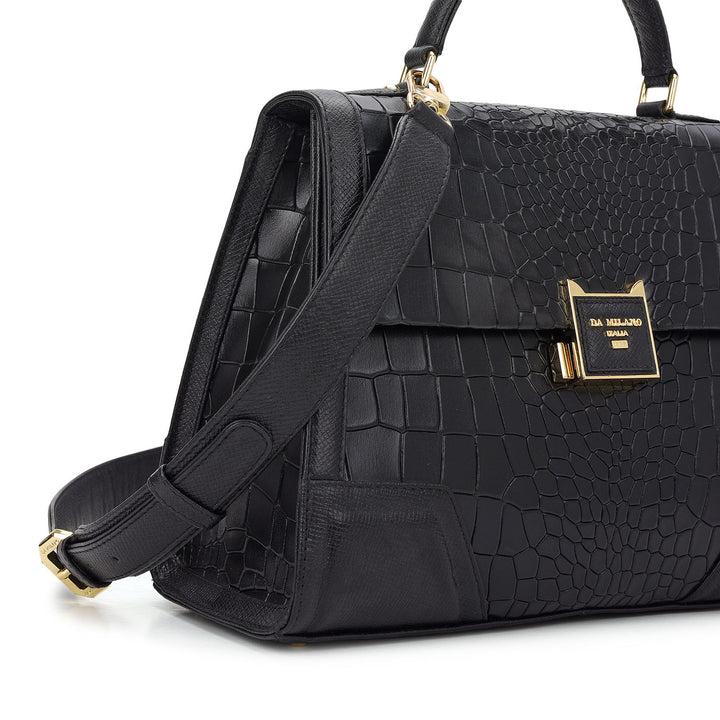 Croco-Texture Top Handle Bag (M)- Black