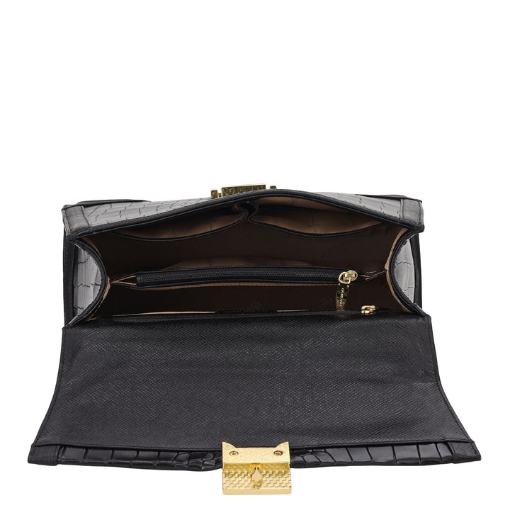 Croco-Texture Top Handle Bag (M)- Black