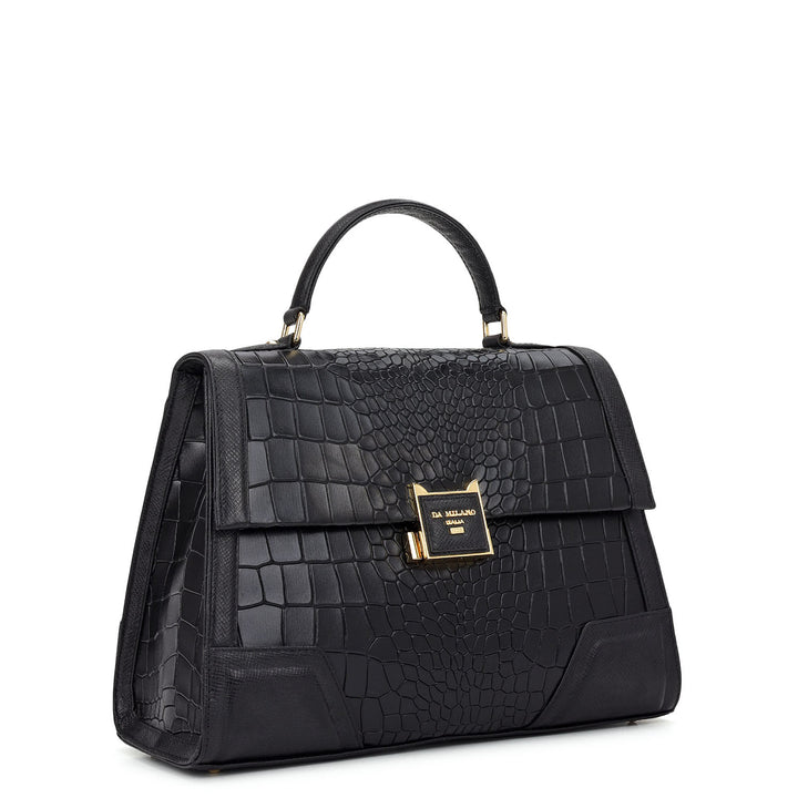 Croco-Texture Top Handle Bag (M)- Black