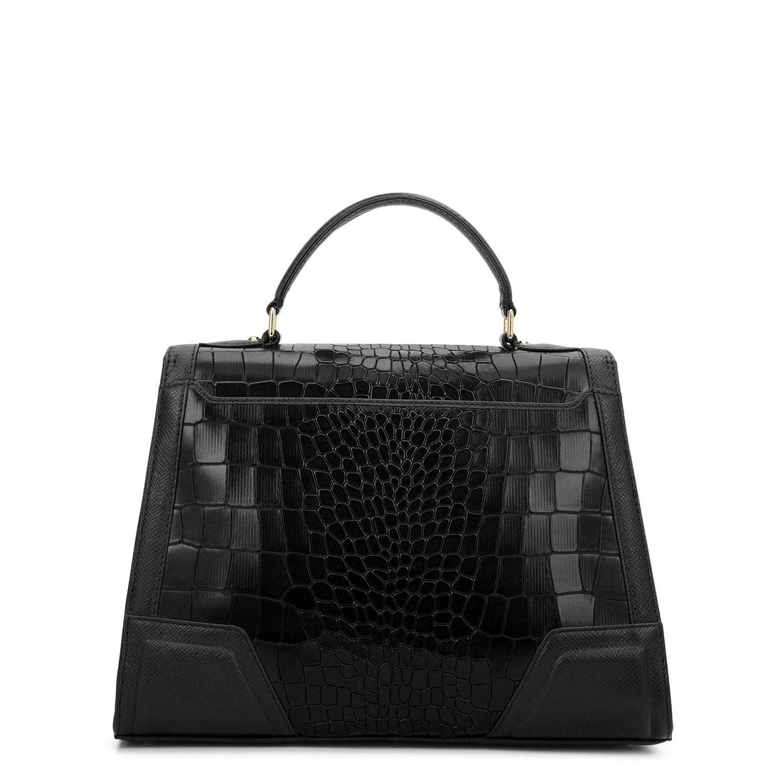 Croco-Texture Top Handle Bag (M)- Black