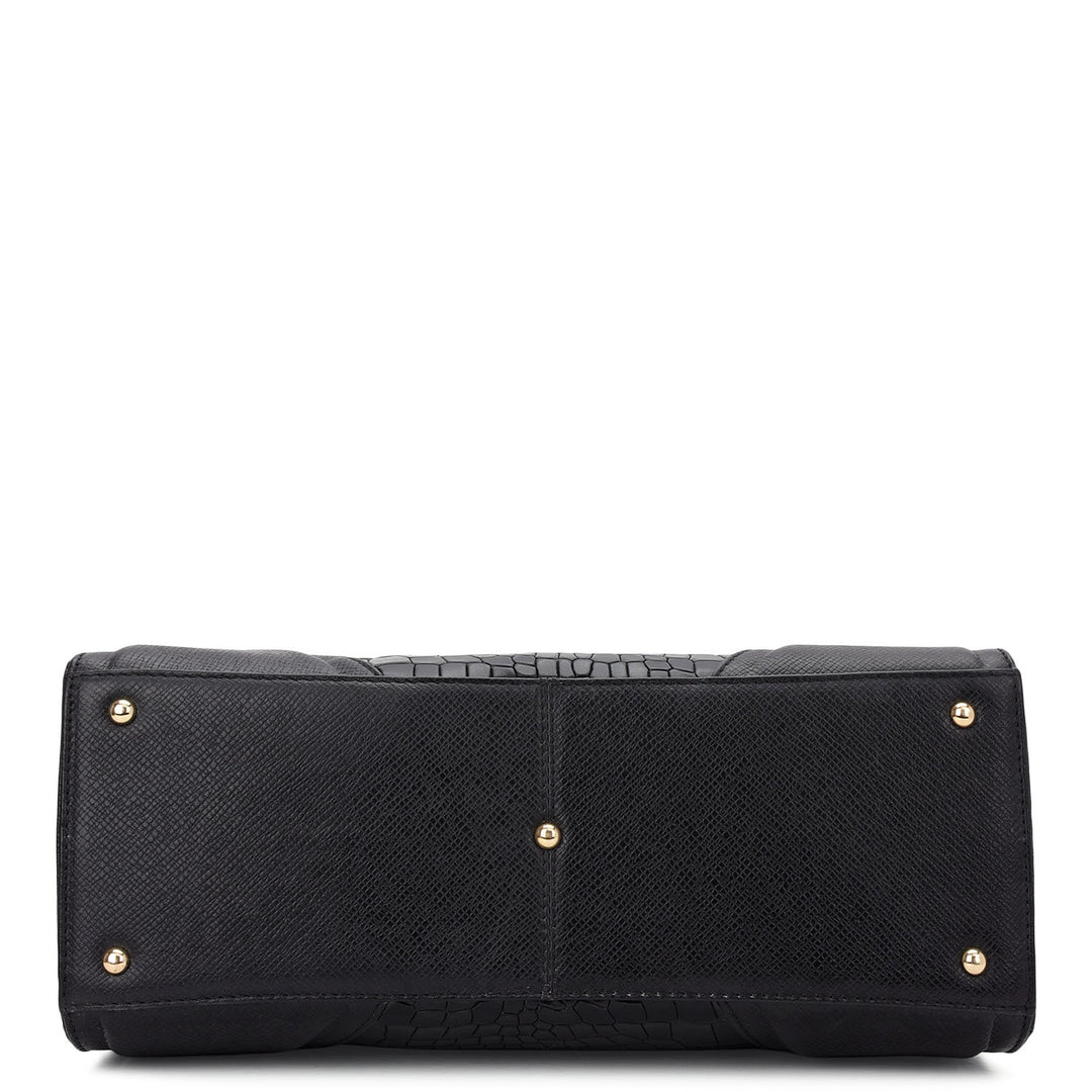 Croco-Texture Top Handle Bag (M)- Black