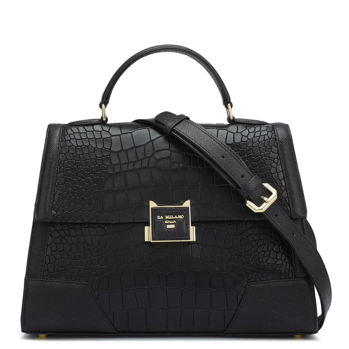 Medium Croco Franzy Leather Satchel - Black