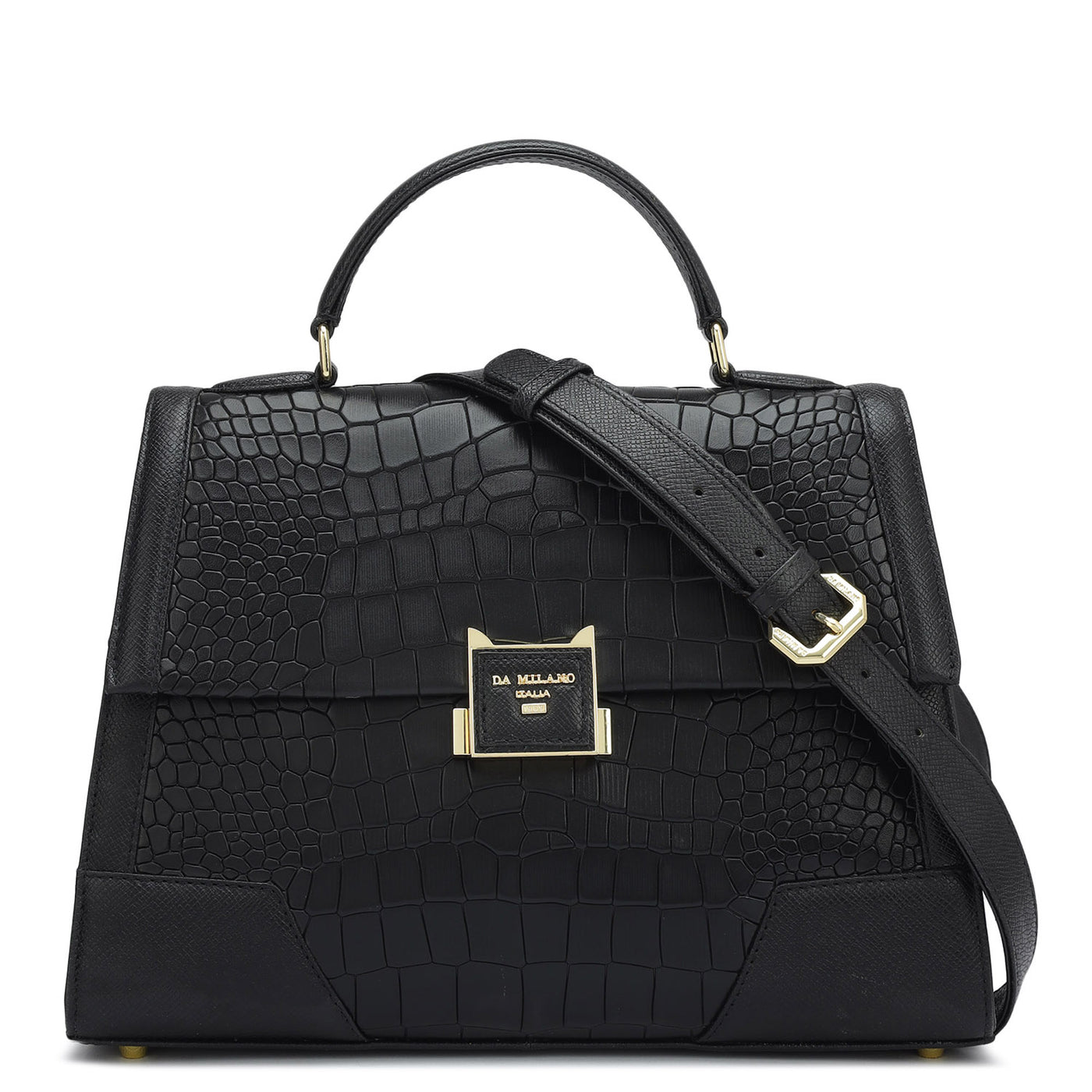 Medium Croco Franzy Leather Satchel - Black