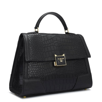 Medium Croco Franzy Leather Satchel - Black