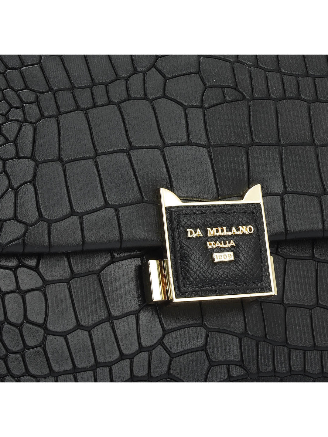 Croco-Texture Top Handle Bag (M)- Black