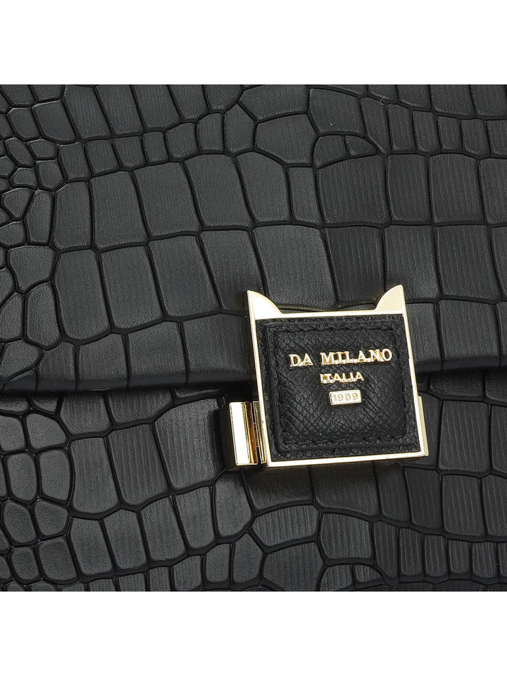Croco-Texture Top Handle Bag (M)- Black