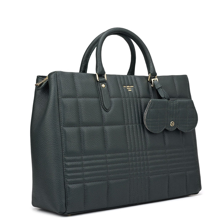 Large Wax Stripe Leather Book Tote - Bottle Green