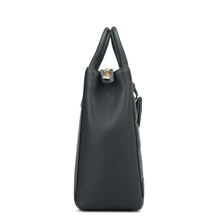 Large Wax Stripe Leather Book Tote - Bottle Green