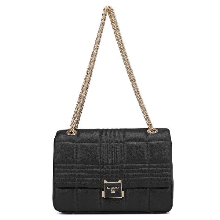 Medium Wax Stripe Leather Shoulder Bag - Black