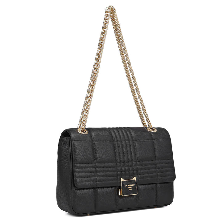 Medium Wax Stripe Leather Shoulder Bag - Black