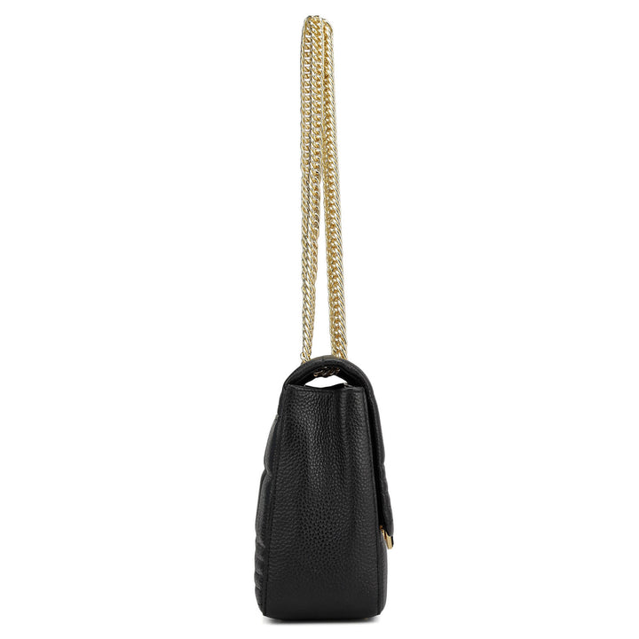 Medium Wax Stripe Leather Shoulder Bag - Black