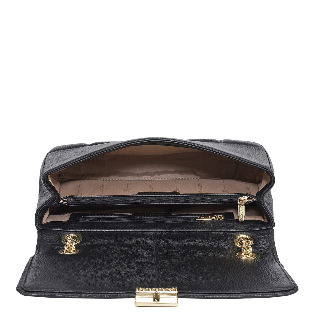 Medium Wax Stripe Leather Shoulder Bag - Black