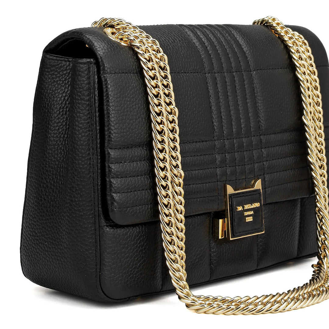 Medium Wax Stripe Leather Shoulder Bag - Black