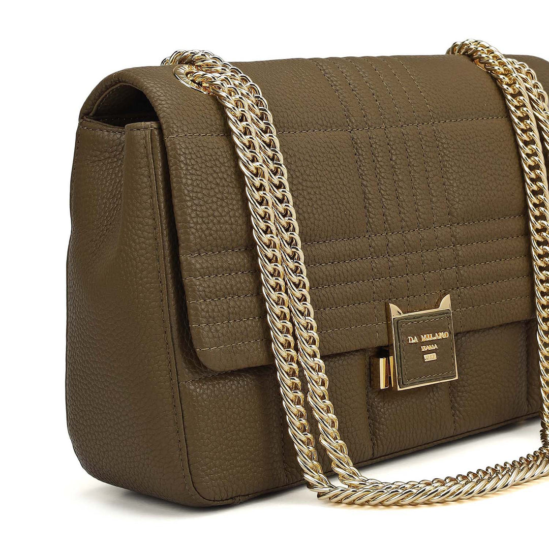Medium Wax Stripe Leather Shoulder Bag - Moss