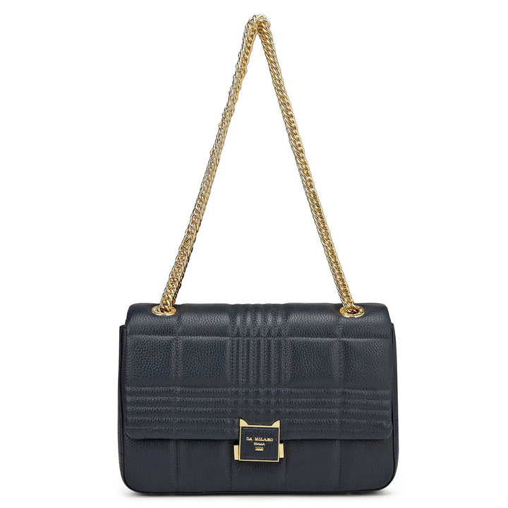 Medium Wax Stripe Leather Shoulder Bag - Navy