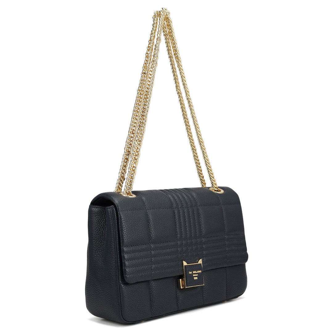 Medium Wax Stripe Leather Shoulder Bag - Navy