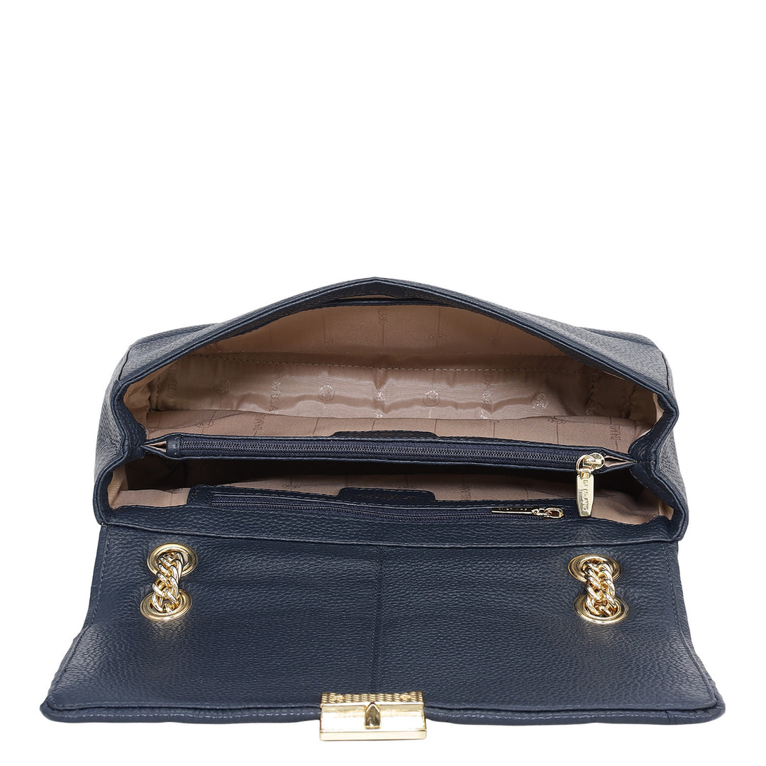 Medium Wax Stripe Leather Shoulder Bag - Navy