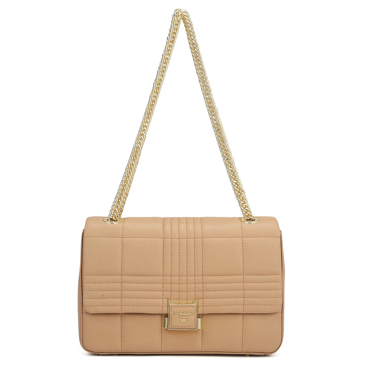 Medium Wax Stripe Leather Shoulder Bag - Sand