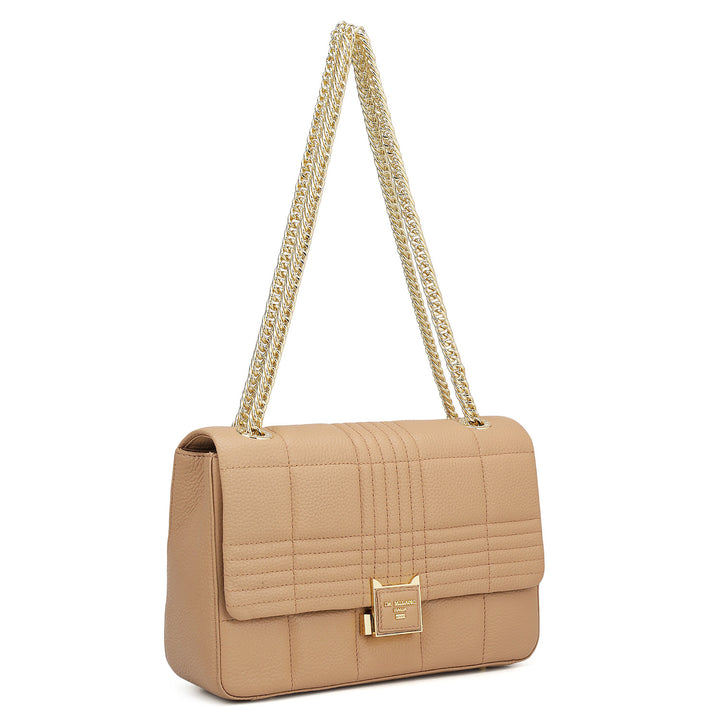 Medium Wax Stripe Leather Shoulder Bag - Sand
