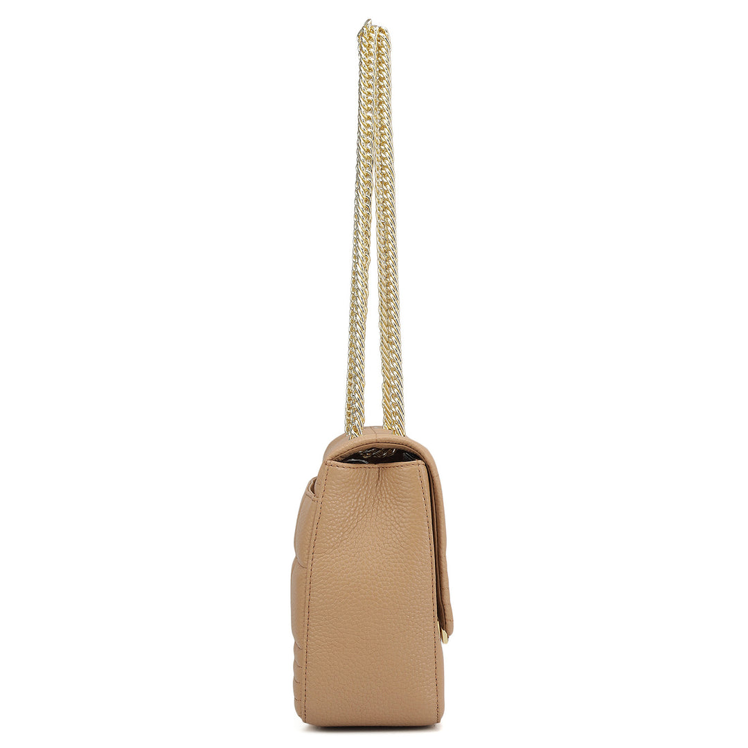 Medium Wax Stripe Leather Shoulder Bag - Sand