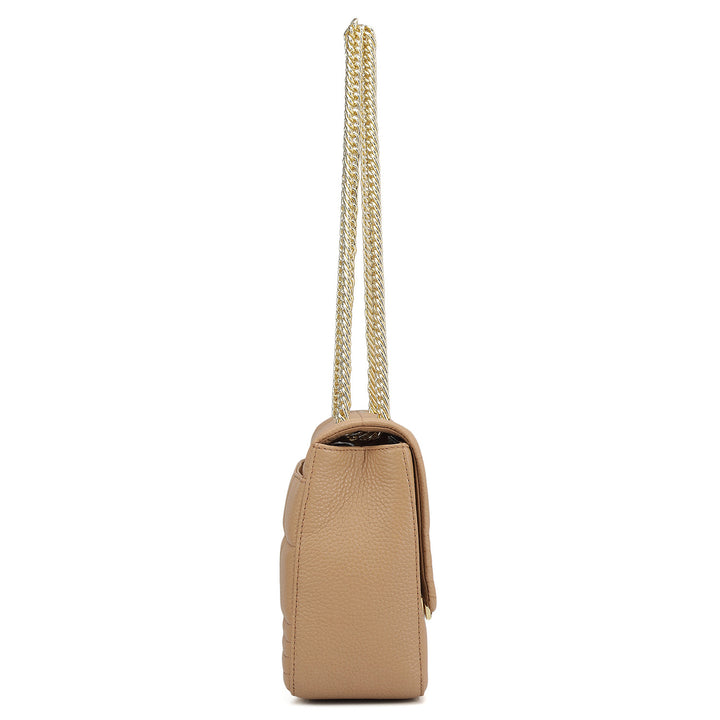 Medium Wax Stripe Leather Shoulder Bag - Sand